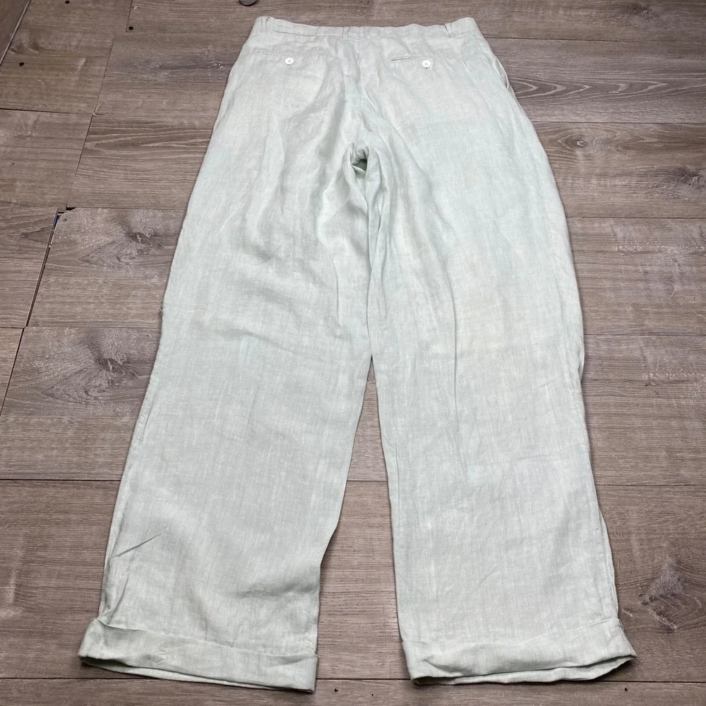 Inserch Dress Pants Mens 38x32 Green 100% Linen Pleated Cuffed Summer Beach